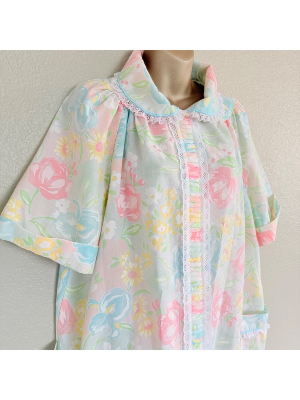 VTG 80s Cottagecore Granny Pastel Floral Eyelet Lace Peter Pan Collar Housedress